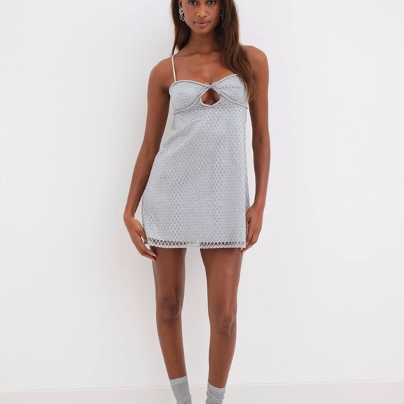 For Love & Lemons Glitter Slip Dress Mini Silver Satin Rhinestone Shiny Size XL - Picture 3 of 10